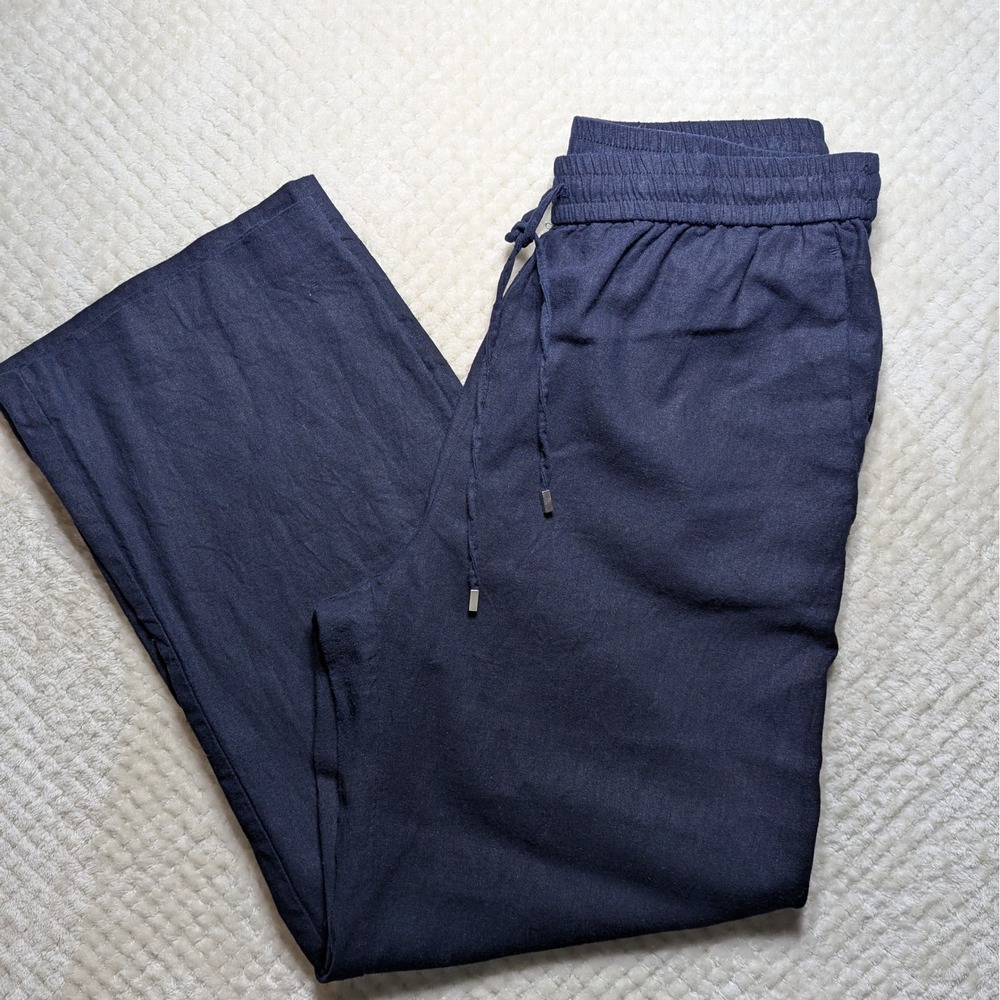 ZARA Linen Blend Pants Womens L Navy Blue Wide Leg Drawstring Elastic Waist
